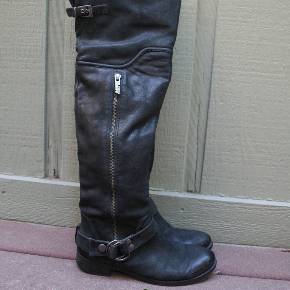 Miss sixty knee high leather boots biker black